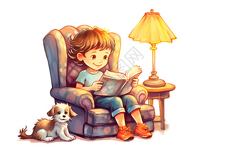 沙发上读书的小孩高清图片