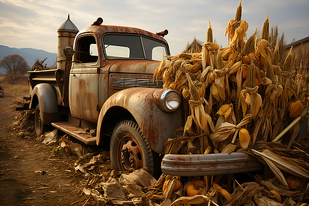 玉米地里的老式卡车图片