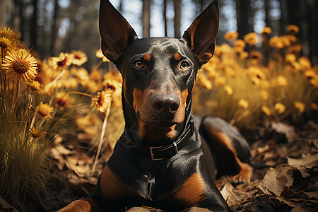 犬在阳光明媚的花丛中高清图片