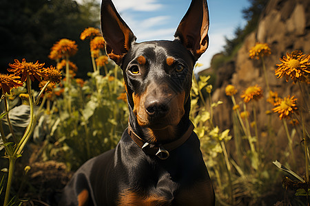 花海中一只严肃的犬图片