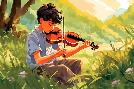 草地拉小提琴的男孩图片