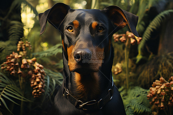 一只狗站立在绿茵丛中图片