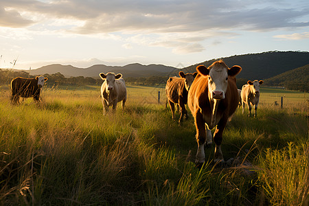 牧场黄昏下的牛群图片