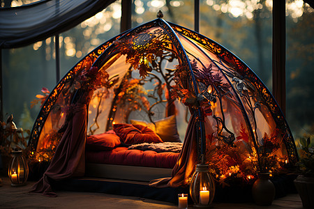 秋日帐篷里的床图片