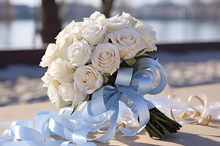 一束白玫瑰带着丝带装饰背景图片