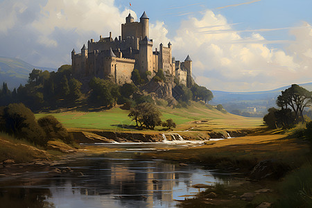 山顶城堡壮丽的油画图片