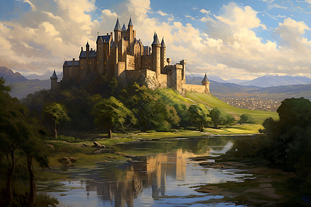 巍峨城堡屹立翠丘背景图片