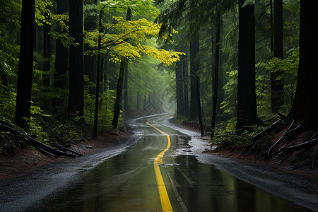 下雨的森林湿漉漉的森林公路背景