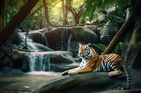 深林巨瀑中卧躺的老虎图片