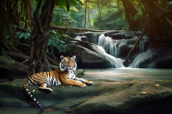 一只躺在岩石上的老虎图片