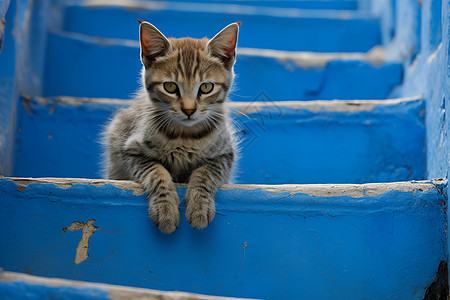 蓝色阶梯上猫图片