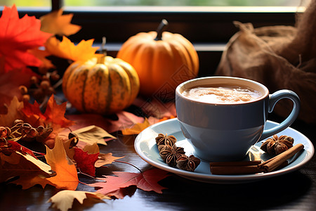 秋天的叶子和咖啡背景图片