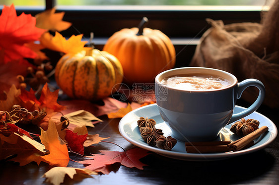秋天的叶子和咖啡图片