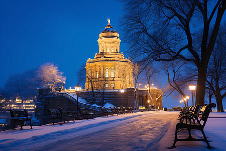 冬天城市冬日白雪中的公园背景