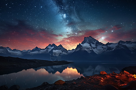 七彩星空夜晚冰川中的星空奇景背景