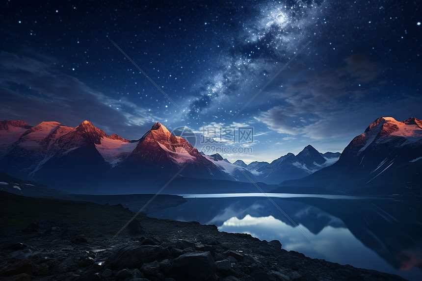 夜晚的湖畔山脉与星空图片
