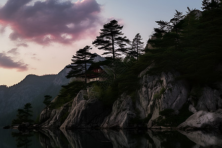 河流山脉上的房屋图片