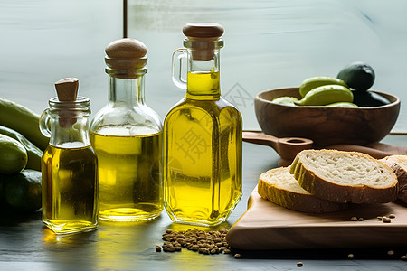 玻璃瓶中美味的橄榄油背景图片