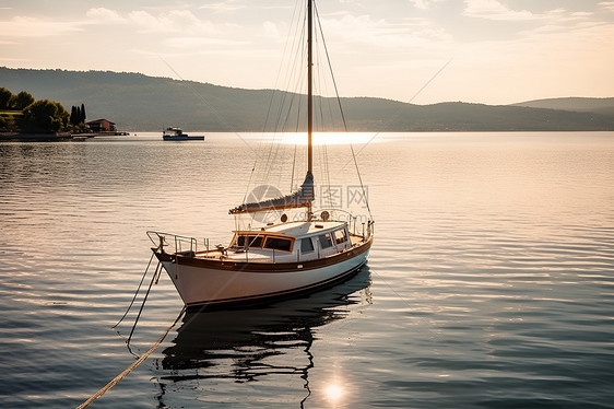 日出时分一艘帆船停泊在水面图片