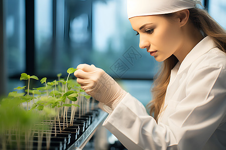 女科学家在温室中观察植物背景图片
