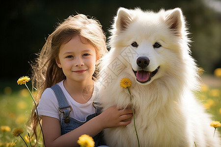 户外开心的小女孩和小狗背景图片