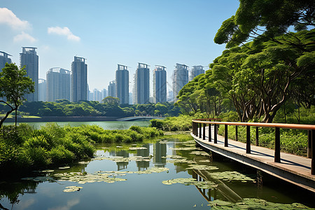 城市中的高楼和池塘图片