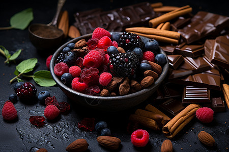 可口的浆果和巧克力背景图片