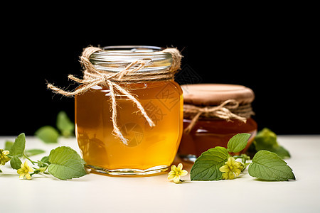 玻璃罐中可口的蜂蜜背景图片