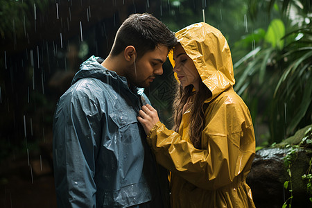 披着雨衣的情侣在雨中并肩站立图片