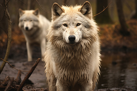 两只白狼在森林中图片