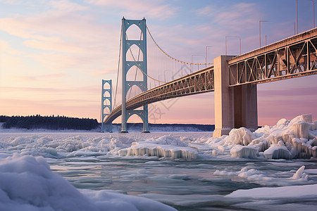 寒冬桥下冰冻的湖面背景图片