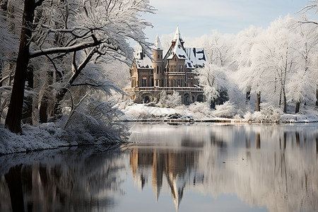 冬日寂静冰雪覆盖的湖畔城堡高清图片
