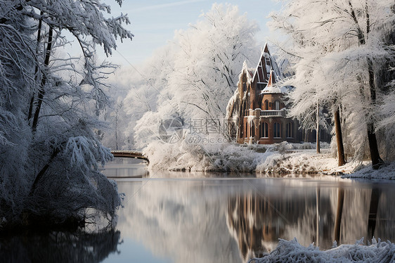 冬日幽静湖边林间的雪景小屋图片