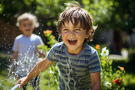 花园中嬉水的两个孩子图片