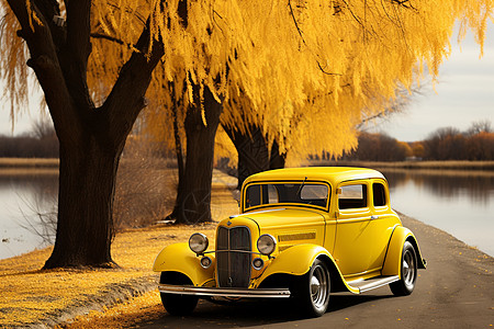 秋意湖畔停靠的黄色汽车背景图片