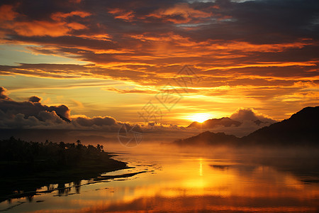 日出迷雾笼罩的湖泊景观背景图片