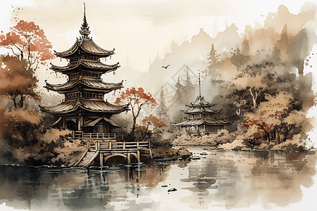 传统中式雄伟建筑插画背景图片