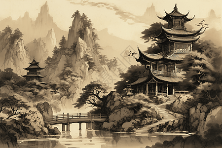 中国寺庙的水墨画背景图片
