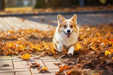 柯基犬小狗在落叶上奔跑背景