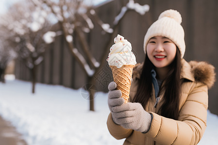 冬季户外吃冰淇淋的女孩背景图片