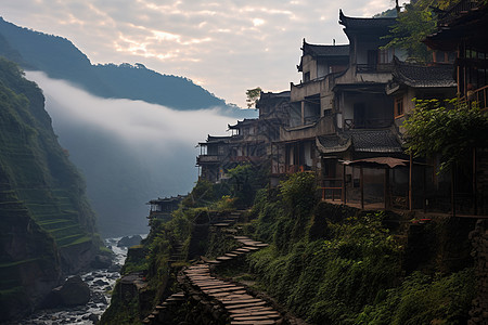 迷雾笼罩的山谷村庄建筑背景图片