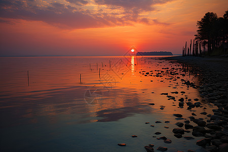 夕阳下的湖水图片