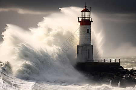 海洋中有一座被巨浪包围的灯塔图片