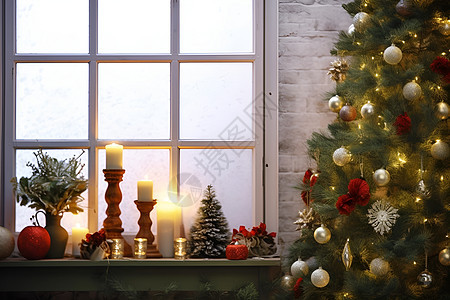 平安夜窗前的圣诞树背景图片
