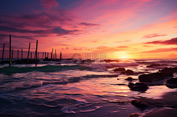 夕阳余晖的海洋景观图片