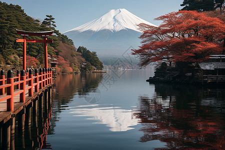 秋日湖泊与山峰图片