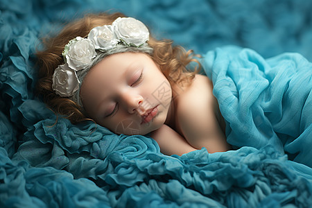小宝宝在蓝色毯子上睡觉图片