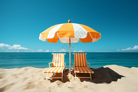 海滩上两把躺椅和一把伞背景图片
