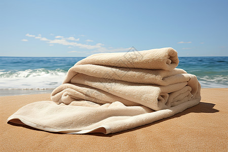 沙滩上堆放的一堆毛巾高清图片