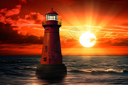 夕阳下红色灯塔背景图片